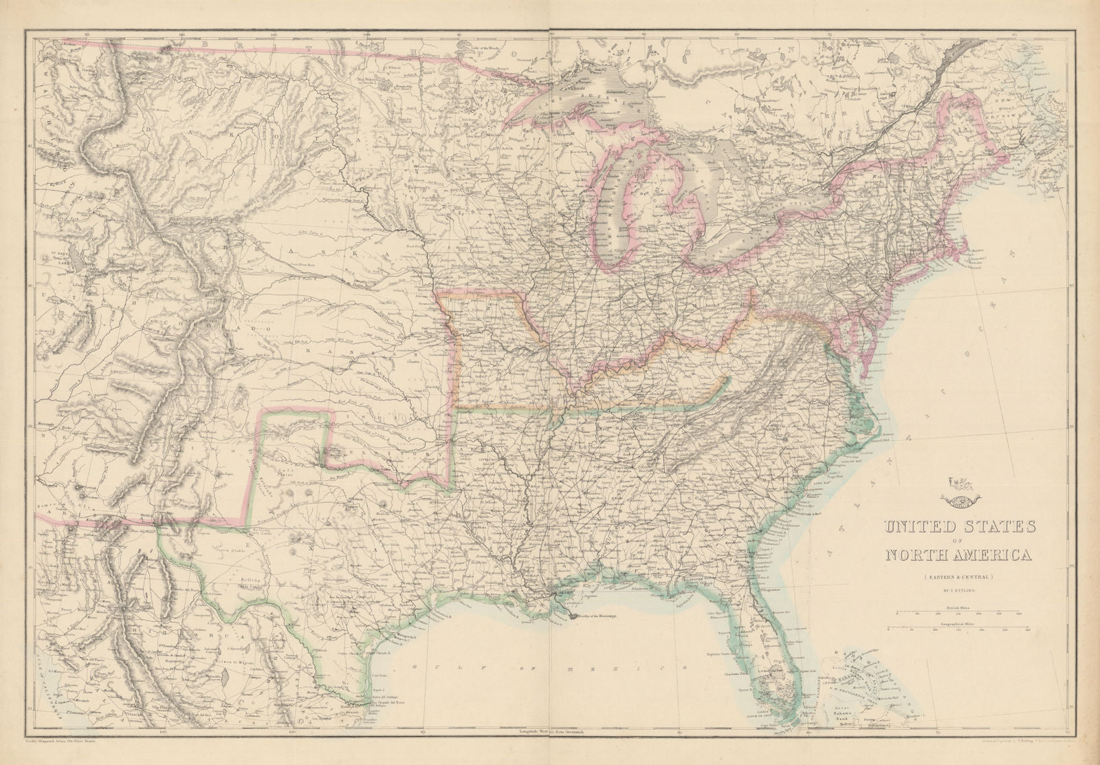 CIVIL WAR USA showing Union Confederate & Border states. ETTLING 1863 old map